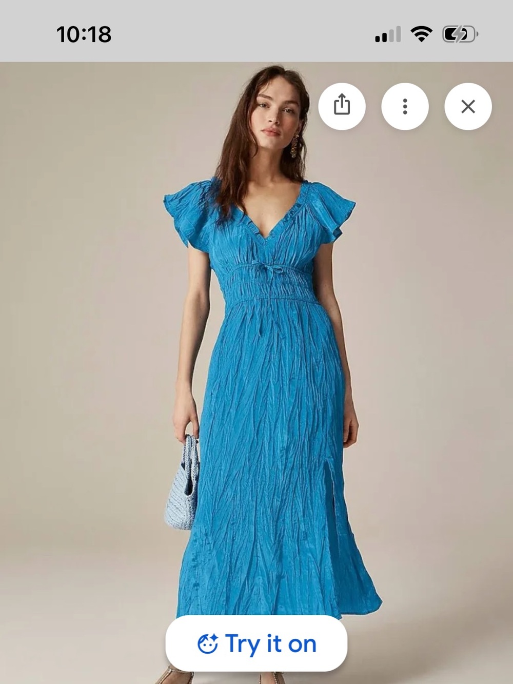 J. Crew Bright Blue Crinkled V-Neck Maxi Dress